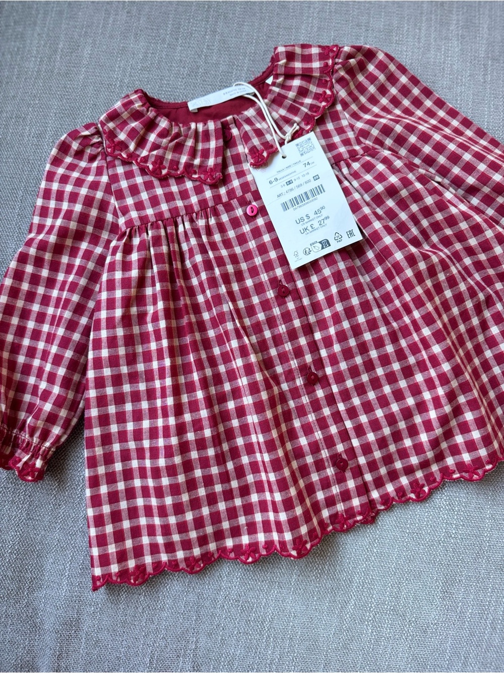 Zara Red and White Gingham Ruffle Collar Button-Front Dress